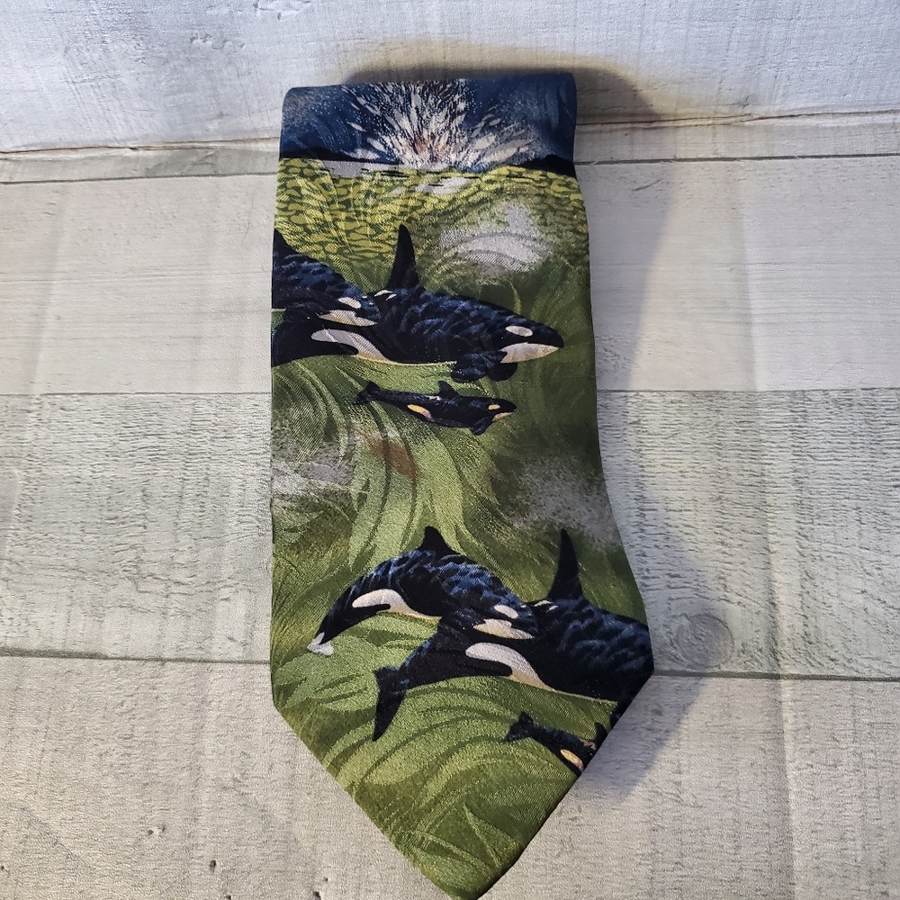 Endangered Species Men's Necktie Featuring Orcas in Green and Blue Silk